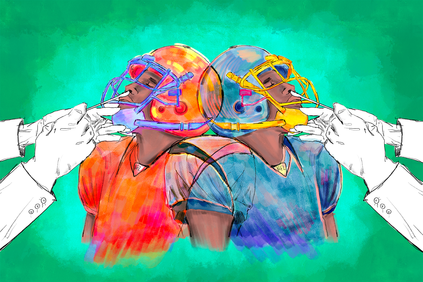 A digital illustration in watercolor and pencil. Two football players are in the center of the page, back to back, and visible from the waist up. The player on the right is painted in cool tones, while the player on the left is painted in warm tones. Each are having their noses swabbed for a covid test. The background is a lime green with visible watercolor brushstrokes.