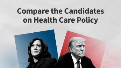 A photo of Kamala Harris and Donald Trump and text that says "Compare the Candidates on Health Care Policy"