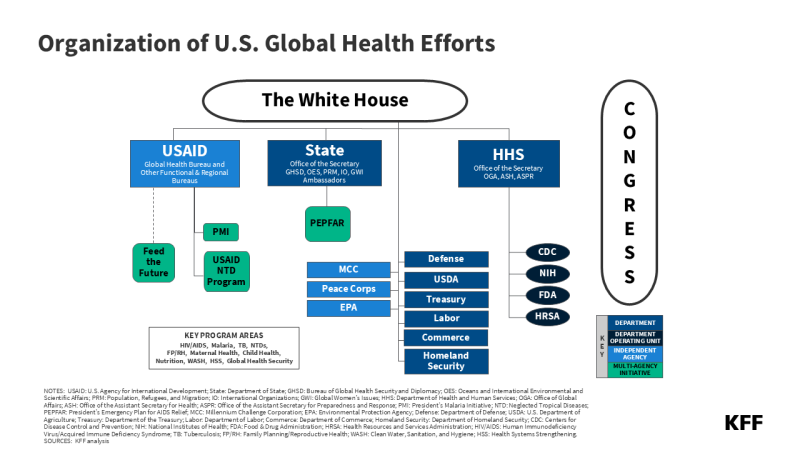 This figure is a visual representation of the "Organization of U.S. Global Health Efforts." It is seperated between Congress and the White House (which branches off into USAID, State, and HHS).