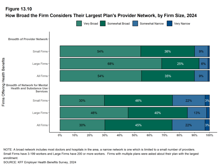 Figure 13.10: How Broad the Firm Considers Their Largest Plan's Provider Network, by Firm Size, 2024