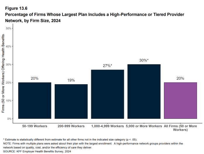 Figure 13.6: Percentage of Firms Whose Largest Plan Includes a High-Performance or Tiered Provider Network, by Firm Size, 2024