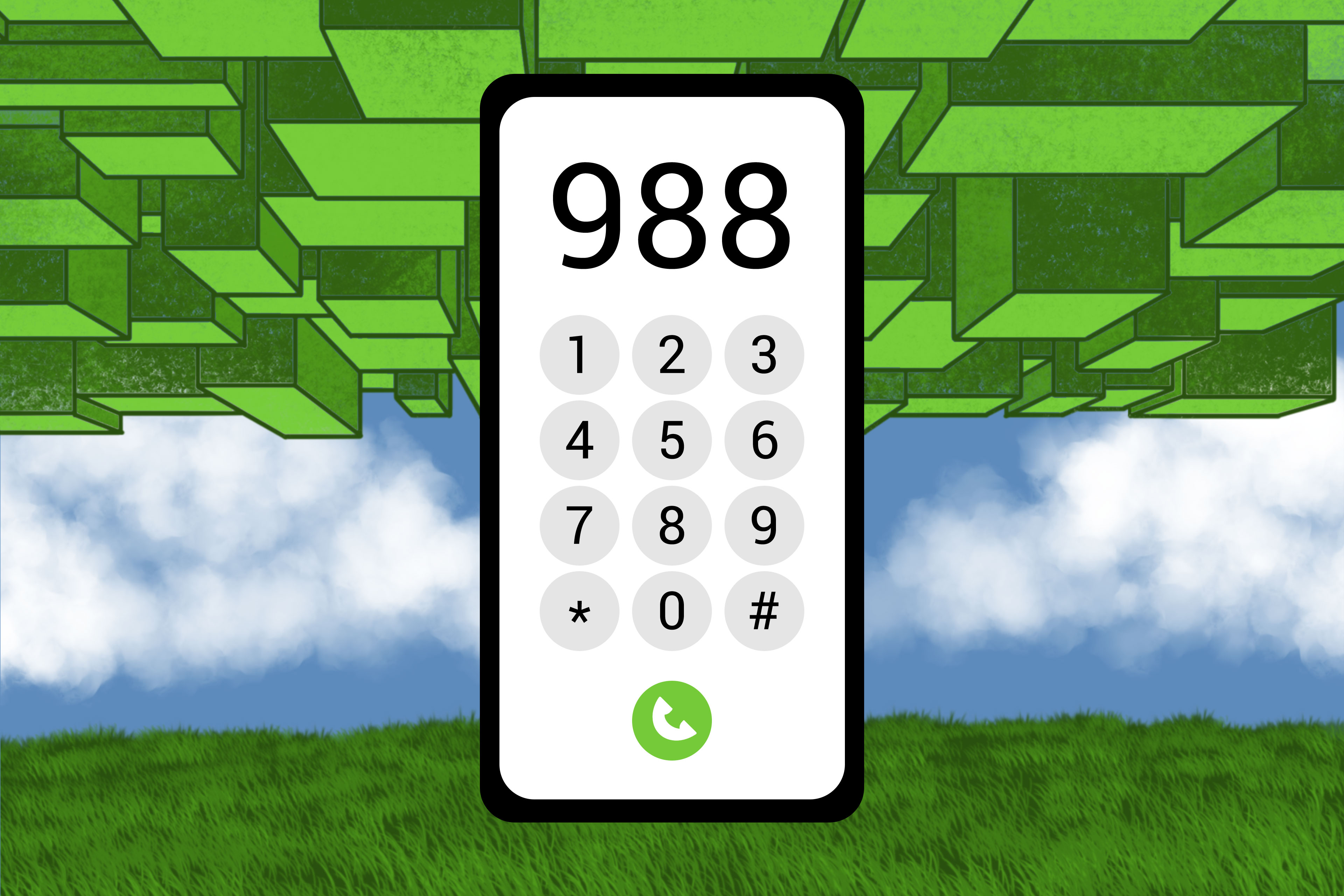 A digital illustration of a phone with 988 dialed in front of a cityscape in the top background and a rural view in the lower background.