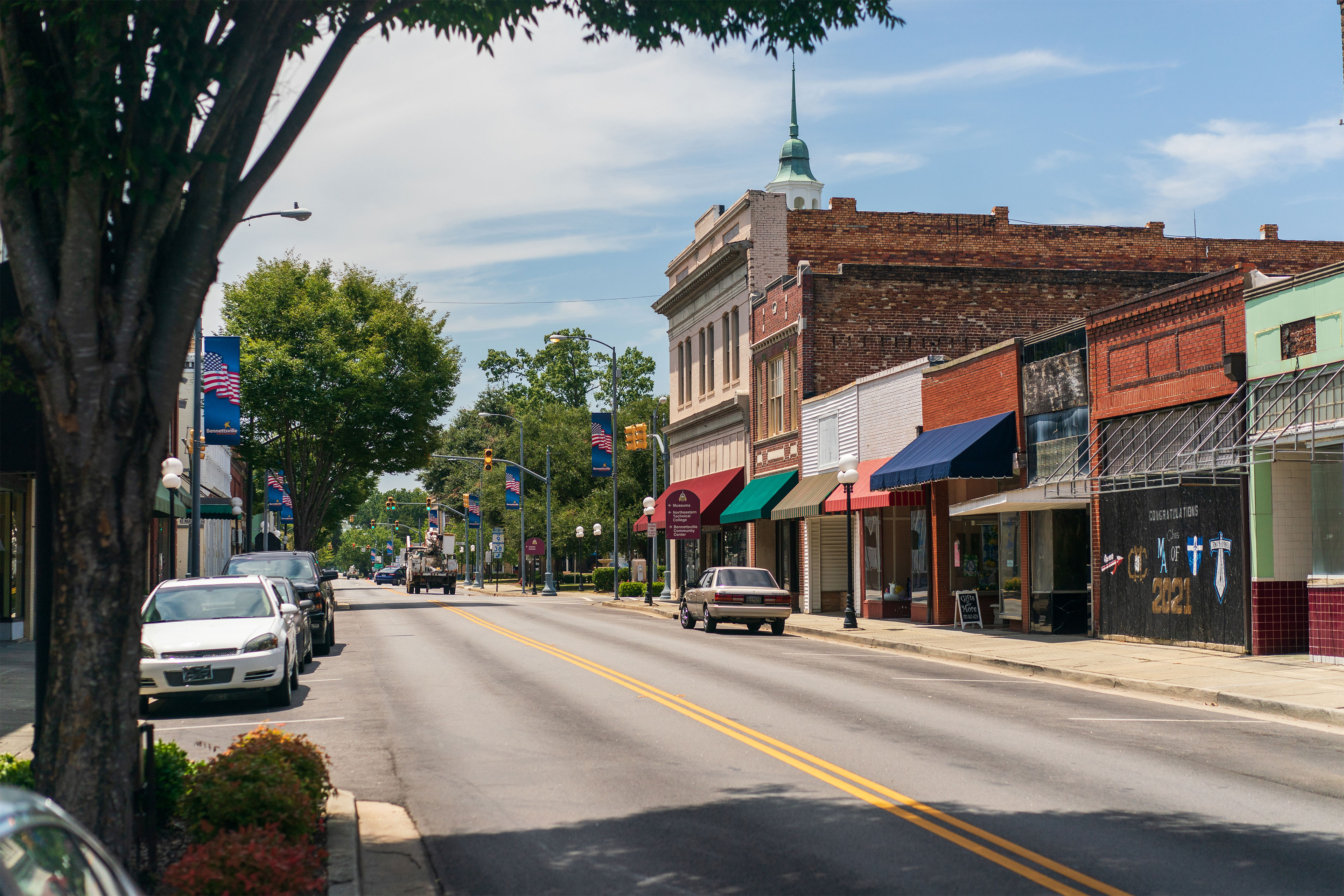 A two-lane road with a few parked cars, one- and two-story buildings, and trees on either side.