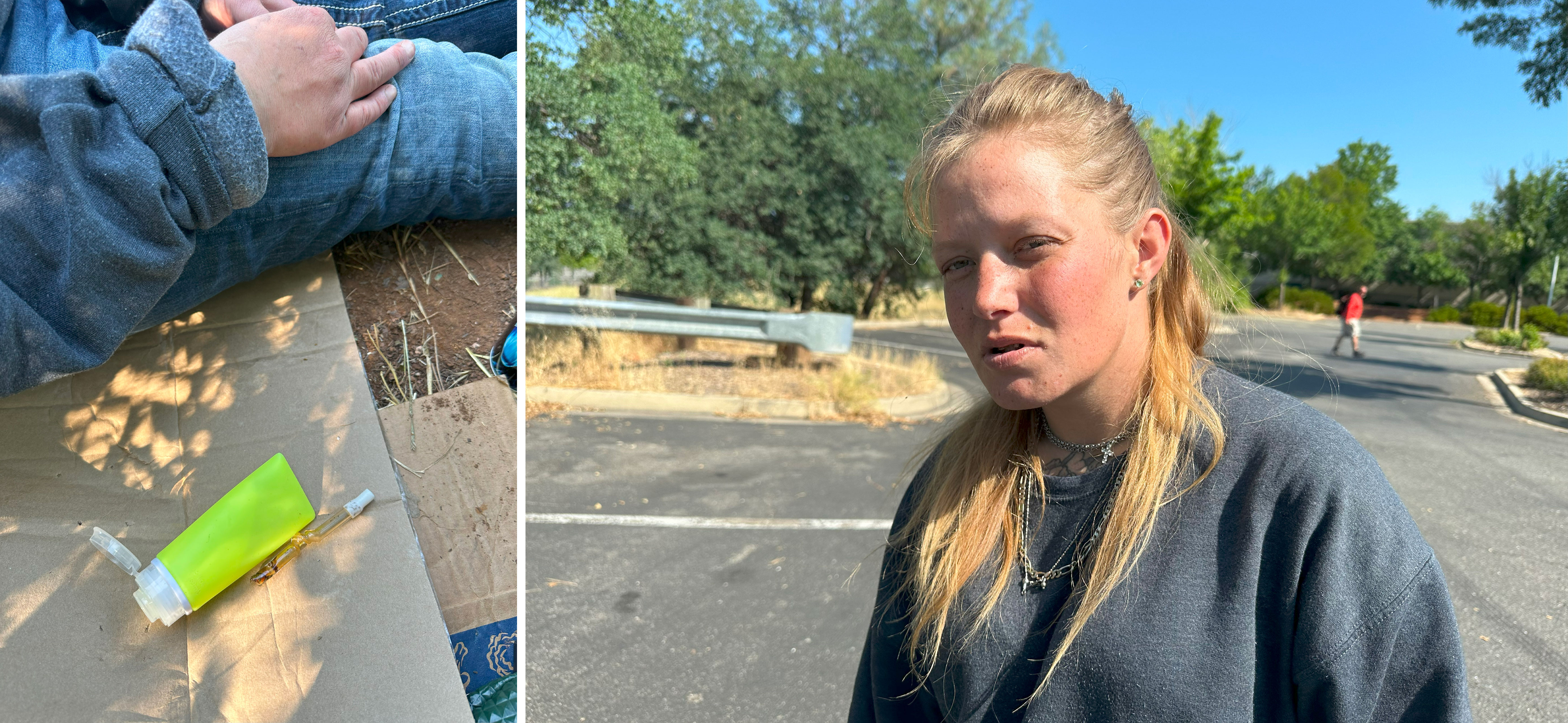 There are two photos side-by-side. On the left is a close-up image of drug paraphernalia on some cardboard. On the right is a woman with long blonde hair wearing a dark sweatshirt.