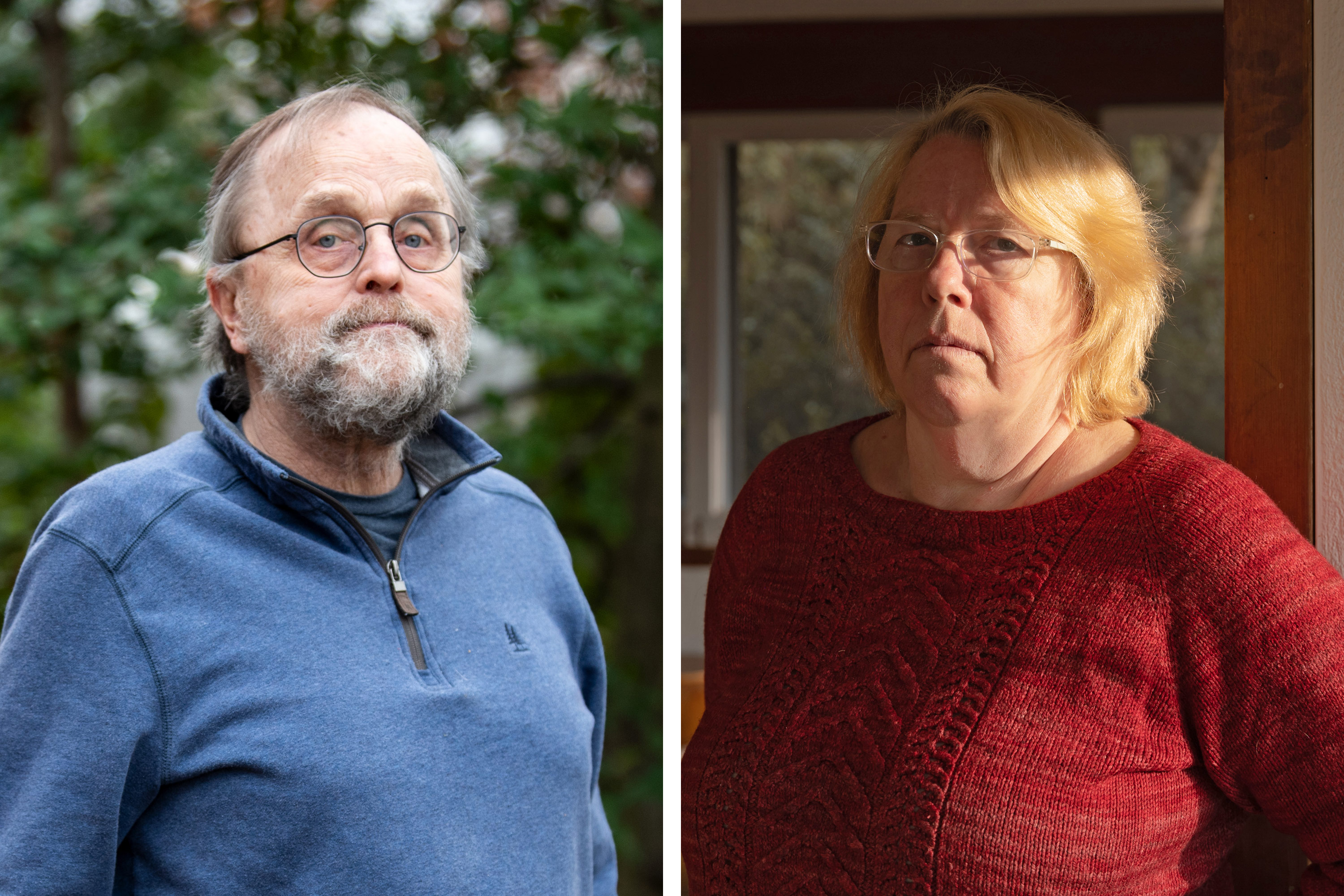 Two photos are shown side-by side. On the left is a portrait of a man standing outside. On the right is a portrait of a woman standing indoors.