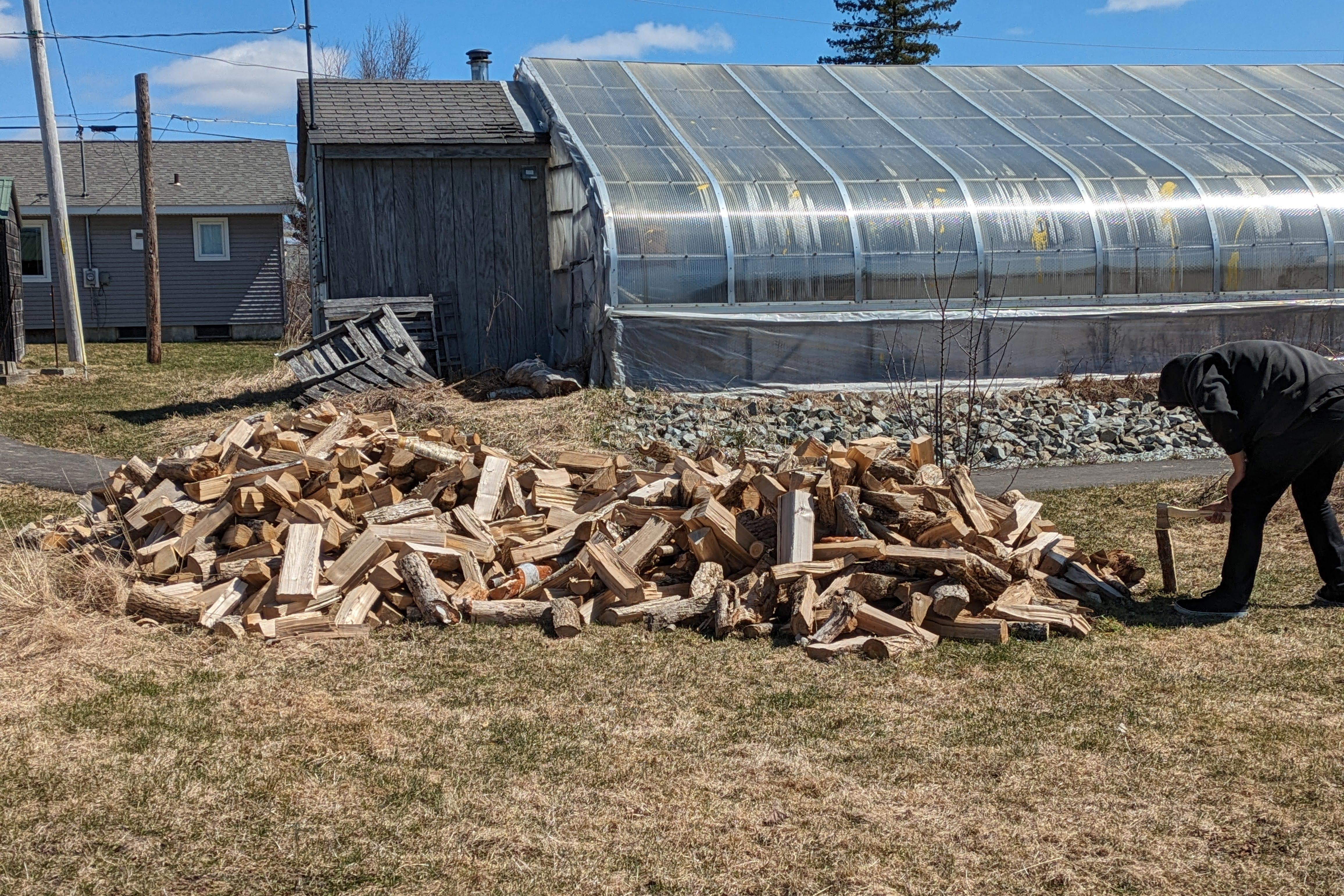 A person wearing black clothes leans over with a small hatchet buried in a piece of wood, besides a large pile of pieces of wood.