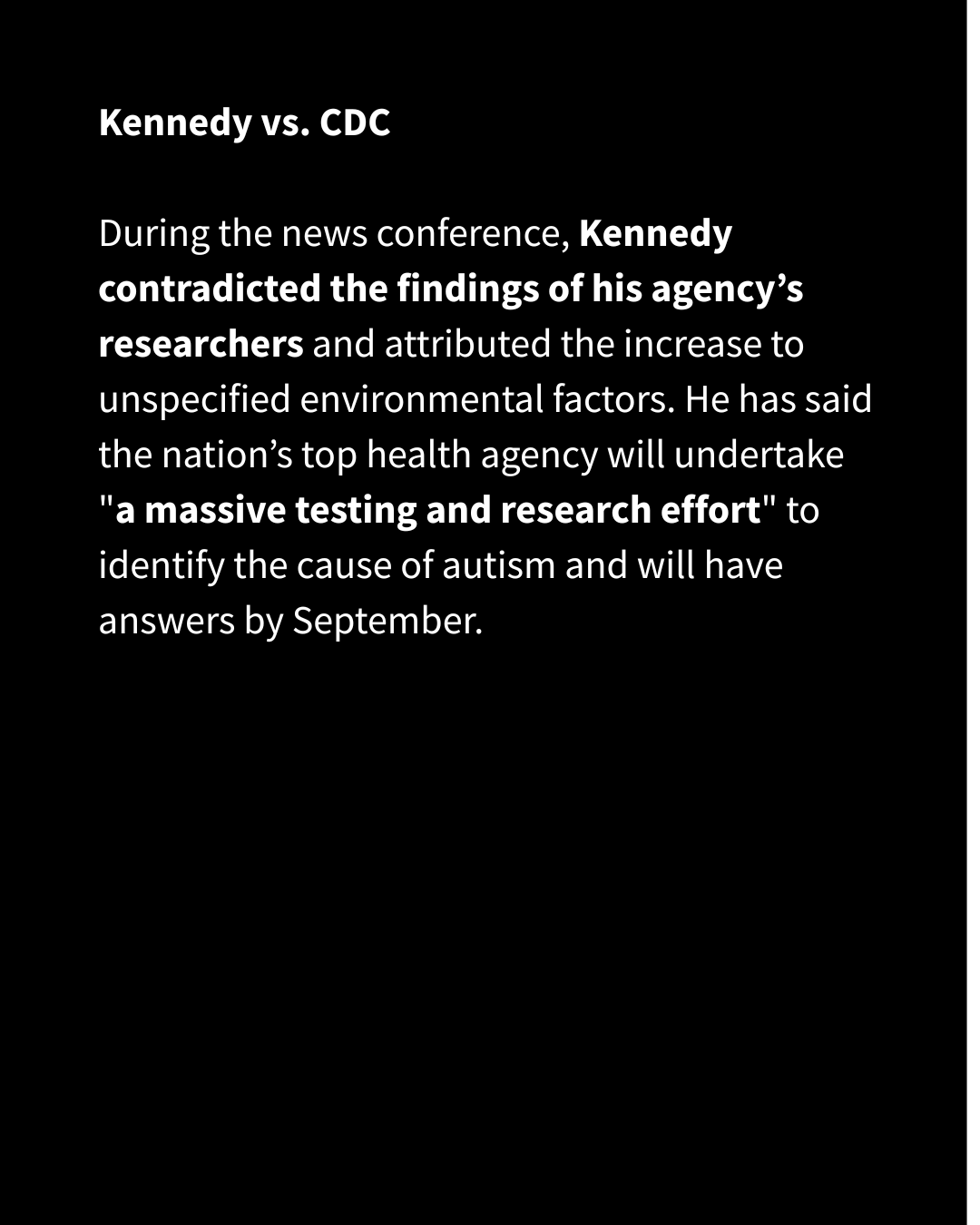 White text on a black background reads: "Kennedy vs. CDC During the news conference, Kennedy contradicted the findings of his agency’s researchers and attributed the increase to unspecified environmental factors. He has said the nation’s top health agency will undertake "a massive testing and research effort" to identify the cause of autism and will have answers by September."