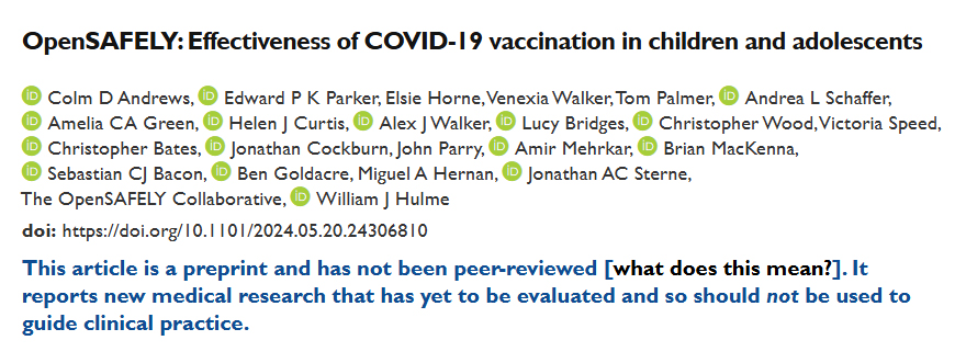 A screenshot shows a study titled, "OpenSAFELY: Effectiveness of COVID-19 vaccination in children and adolescents." Under its long list of authors, blue text reads, "This article is a preprint and has not been peer-reviewed [what does this mean?]. It reports new medical research that has yet to be evaluated and so should not be used to guide clinical practice."